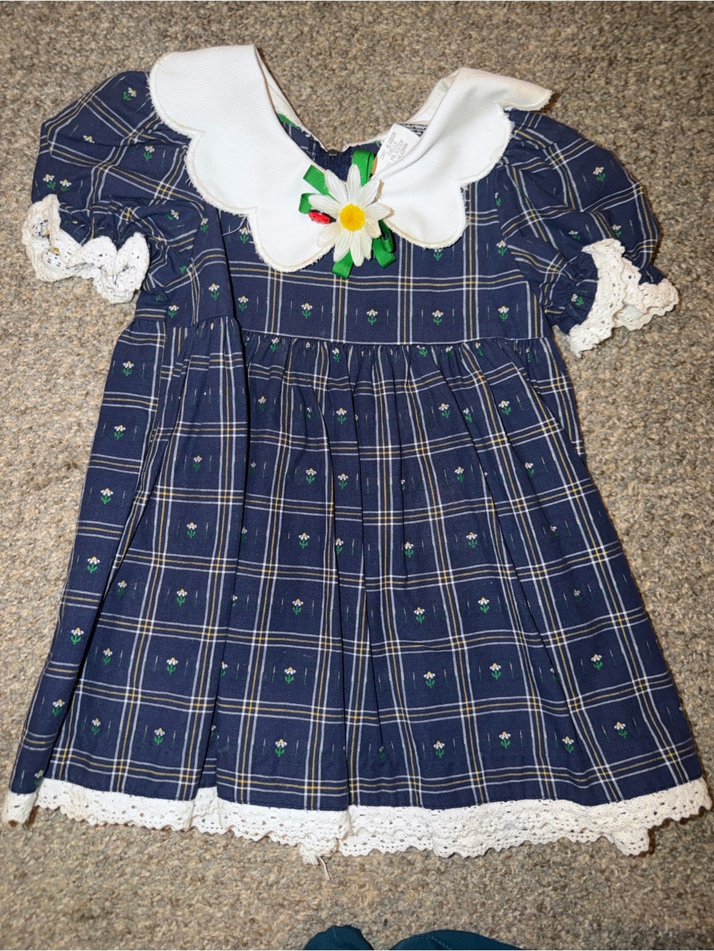Vintage Good Lad Classic Navy Plaid Kids Dress with Daisy Accent
